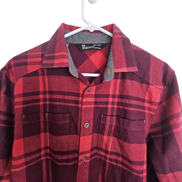 Under Armour Flannel Shirt Red Plaid Coldgear Button Front Long Sleeve Men S - Picture 2 of 8